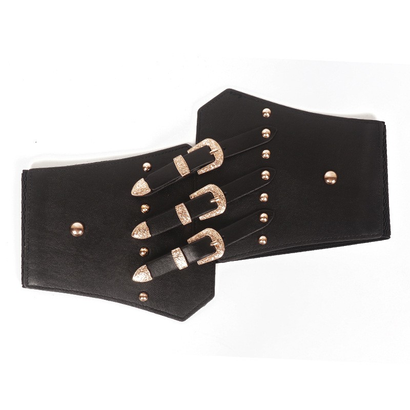 Women Black Wide Faux Leather Belt Elastic Stretch Corset Punk Rivet Waistband