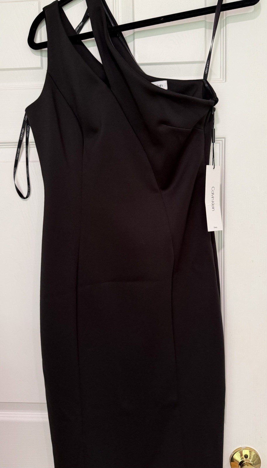Calvin Klein Black One-Shoulder Sheath Dress Size 4 Knee-Length Satin Draped Zip