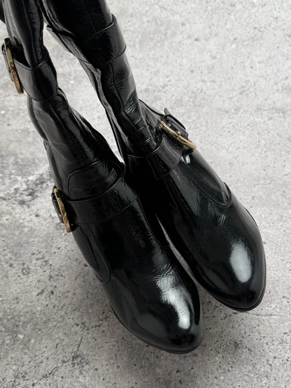 Vintage Black Patent Leather Knee High Boots Womens 36 Buckle High Heel Goth