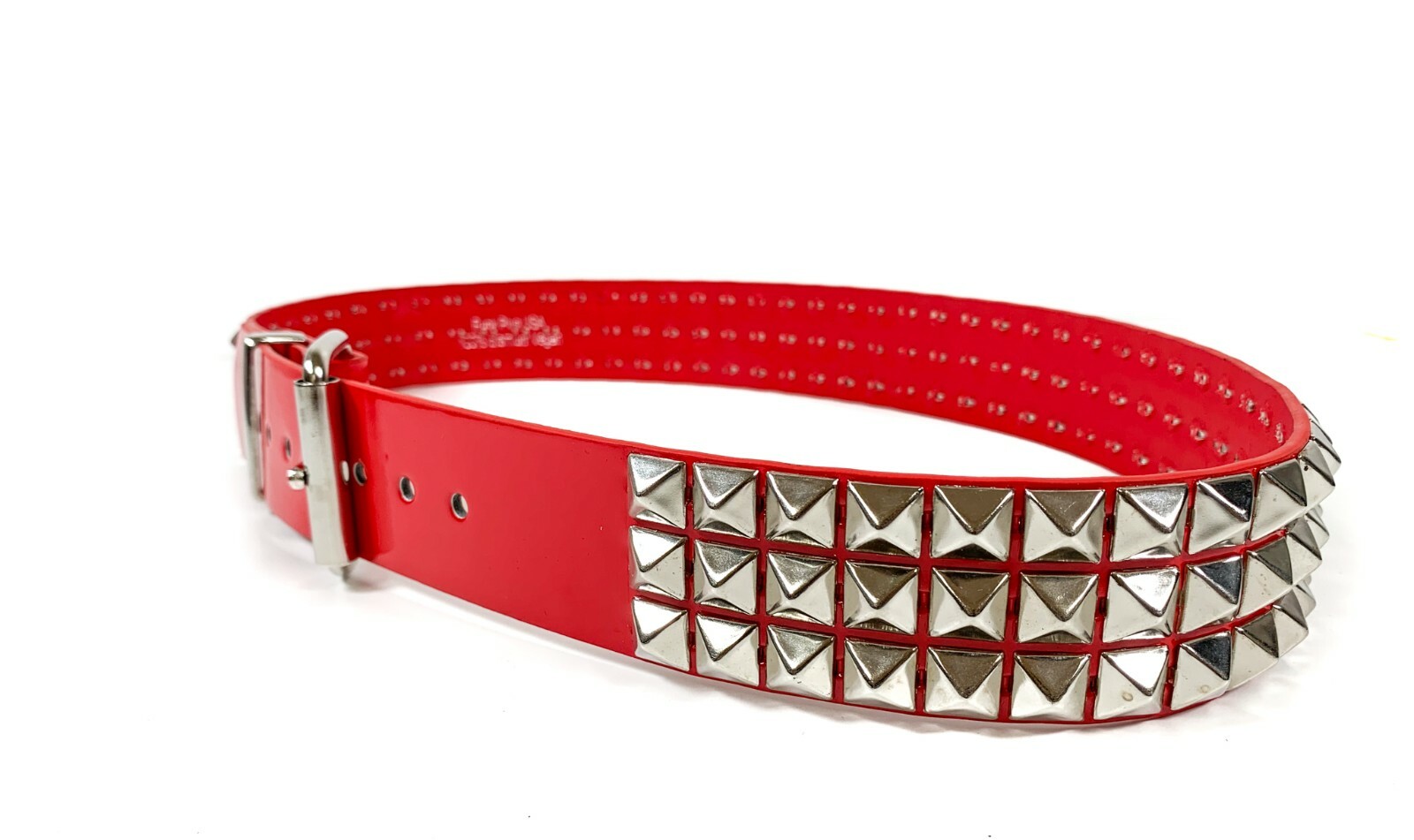 Red Patent Three Row Pyramid Stud Belt Genuine Punk Goth Metal Funk Plus