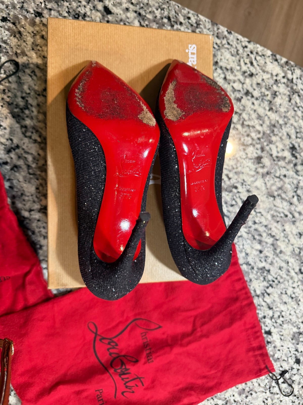 Authentic-Christian Louboutin Pigalle Follies 100 Glitter Black Pumps Size 37.5