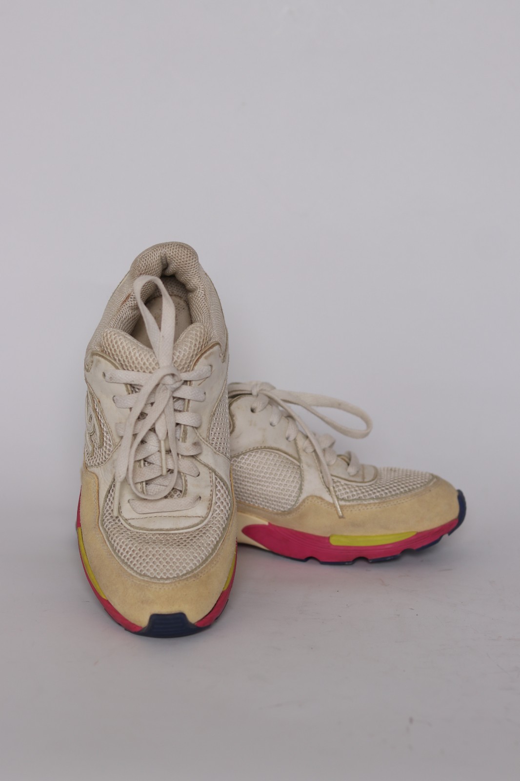Chanel White Mesh And Leather CC Lace Up Sneakers Size 37.5