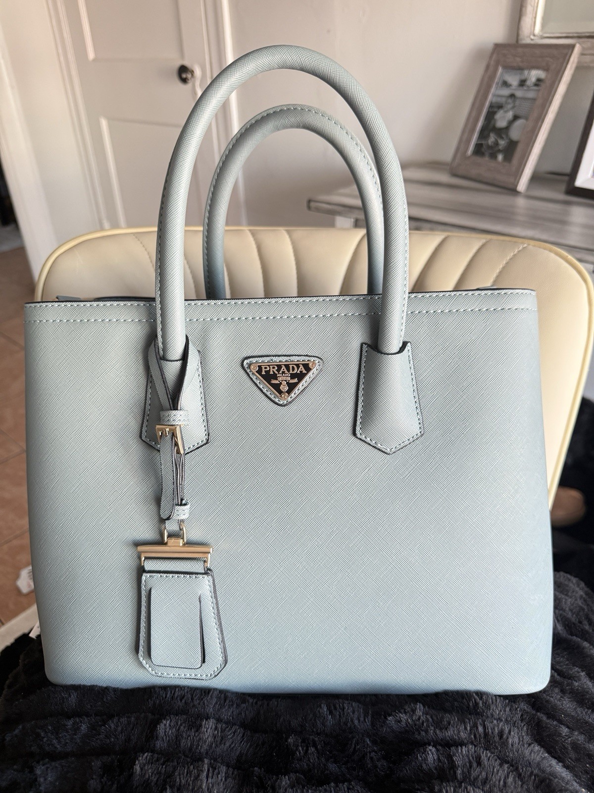 PRADA Light Blue Medium Satchel Top Handle Zip Bag w/ Detachable Strap Pockets