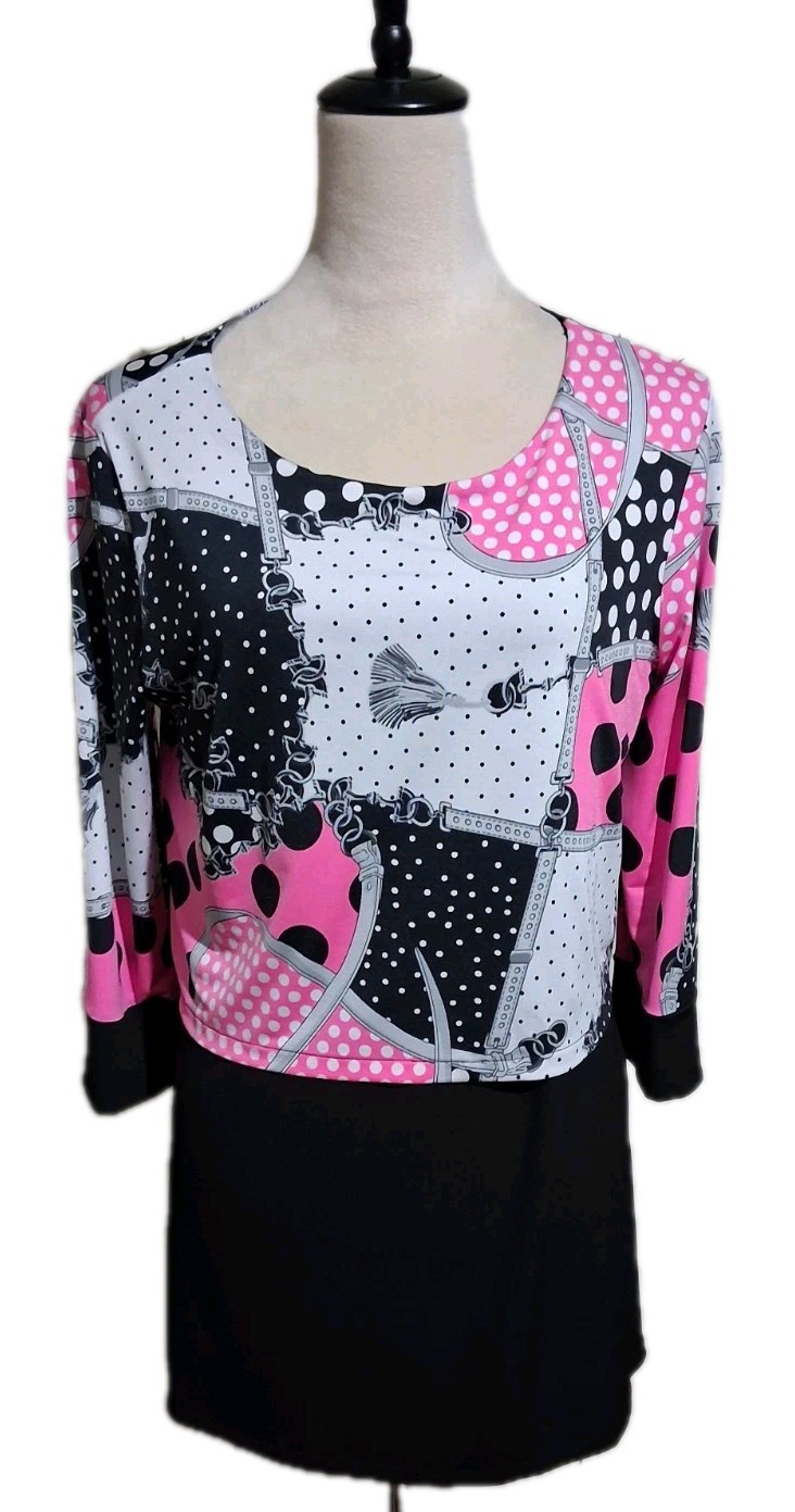 Nygard Layered Tunic Stretch Top Pink Black White Mixed Print 3/4 Sleeve Small