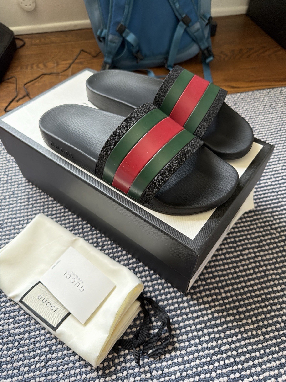 Gucci Men’s Web Stripe Slide Sandals Black Green Red Rubber US 10/ UK 9