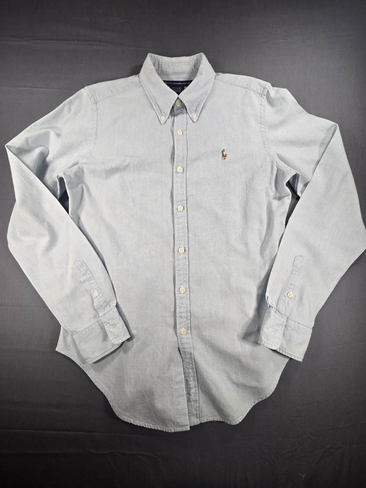 VTG Ralph Lauren Sport Shirt Womens Sz 10 Blue Light Denim Slim Fit Long Sleeve