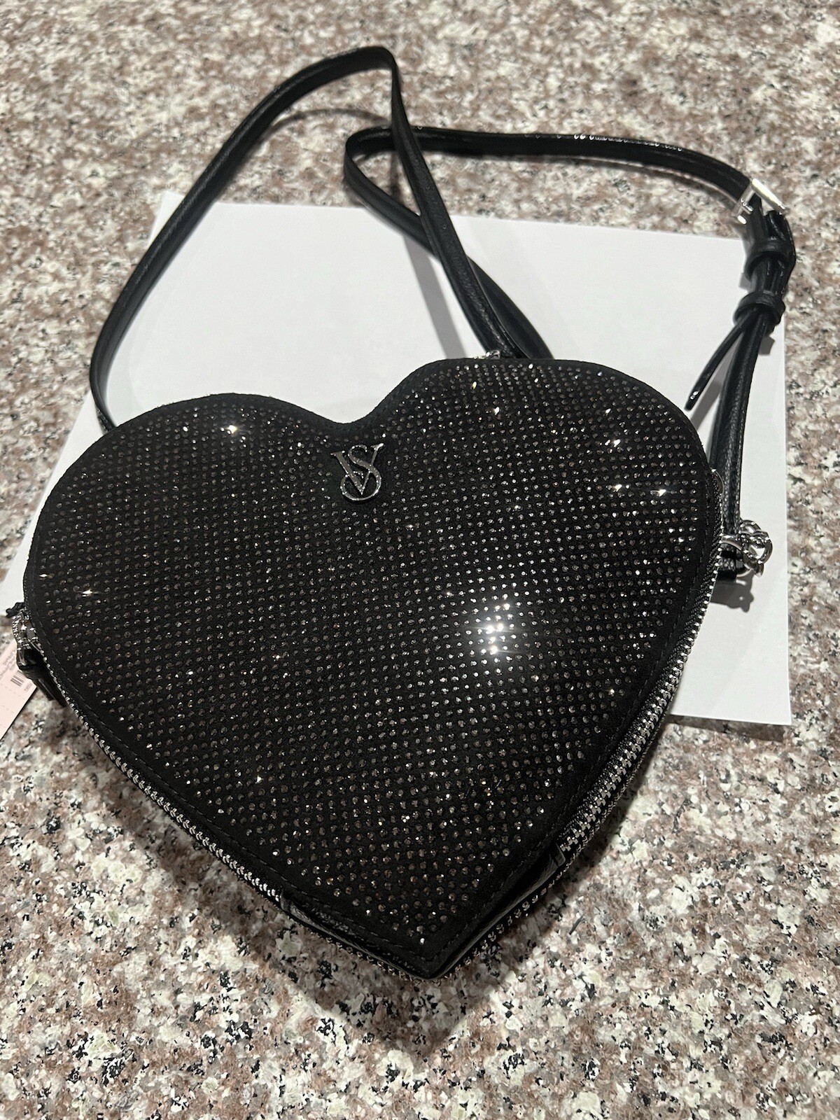 Victoria’s Secret Small Black Rhinestone Heart Shape Crossbody Bag New