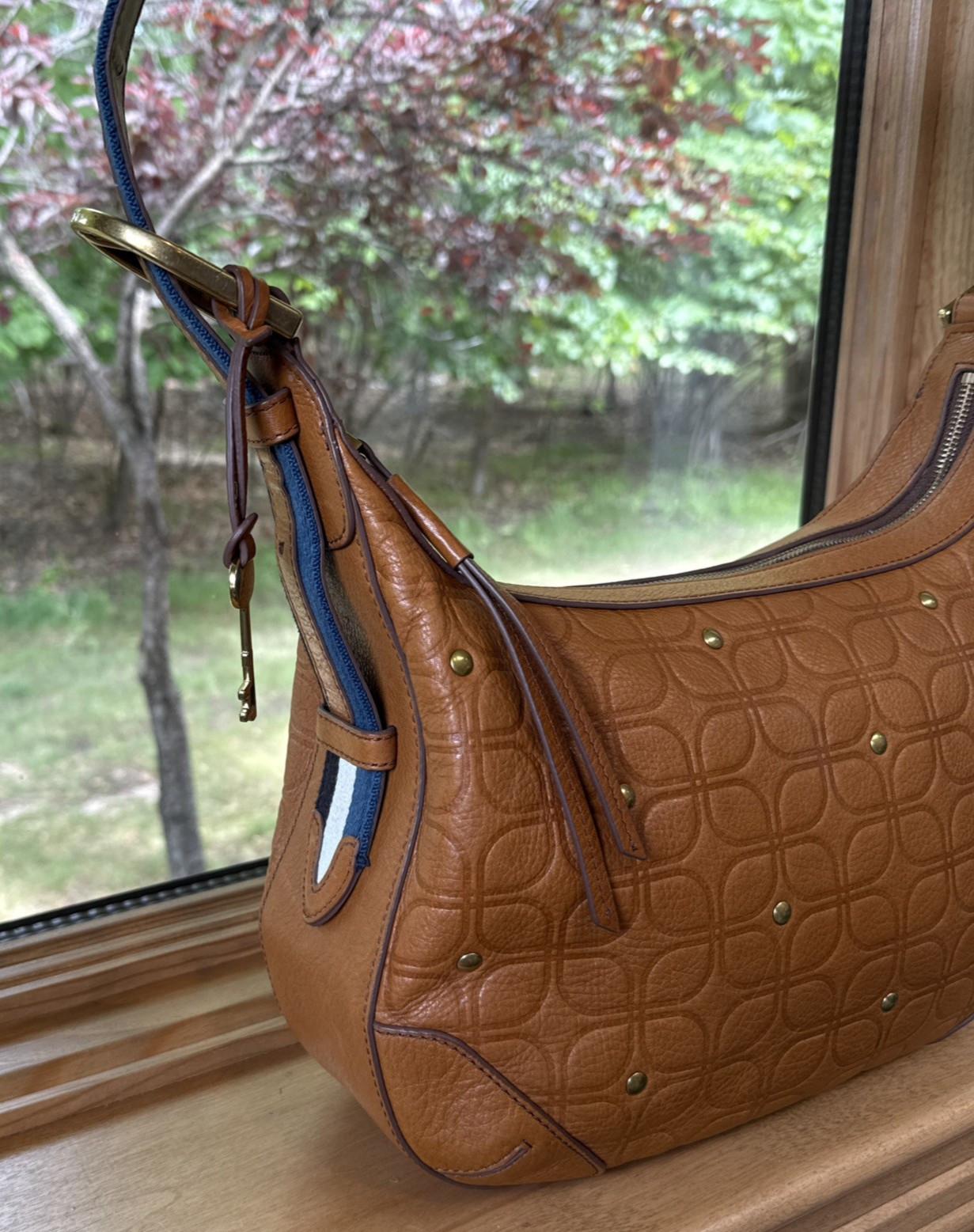 Fossil Hannah Signature Hobo Shoulder Bag Camel Tan Embossed Leather Brass