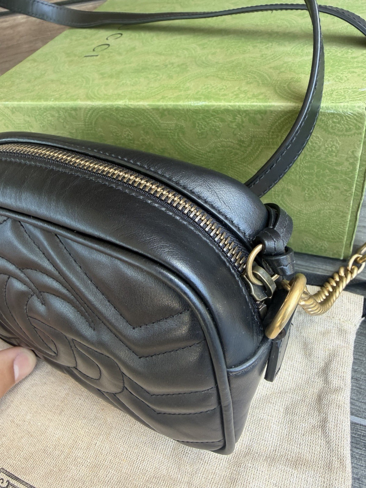 Gucci Calfskin Matelasse Mini GG Marmont Chain Shoulder Bag Black