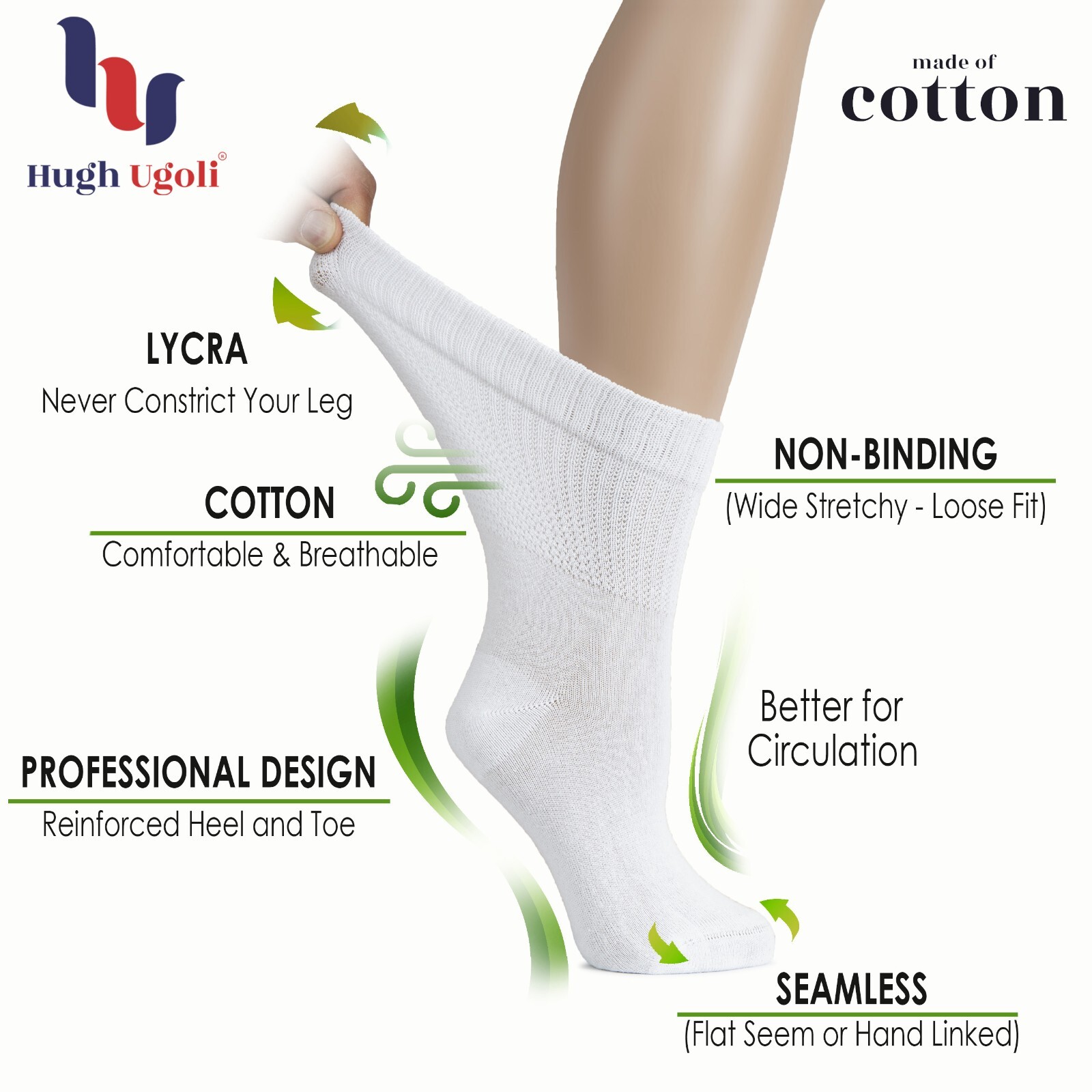 Hugh Ugoli Cotton Diabetic Women’s Socks, Crew, Loose, Wide Stretchy, 4 Pairs