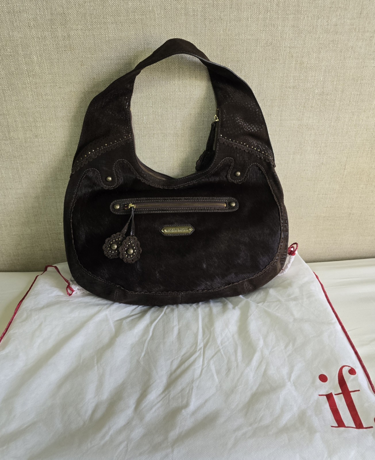 Isabella Fiore NWT, Brown Leather/Calf Hair Studded Hobo Bag, Aldic Ging RARE