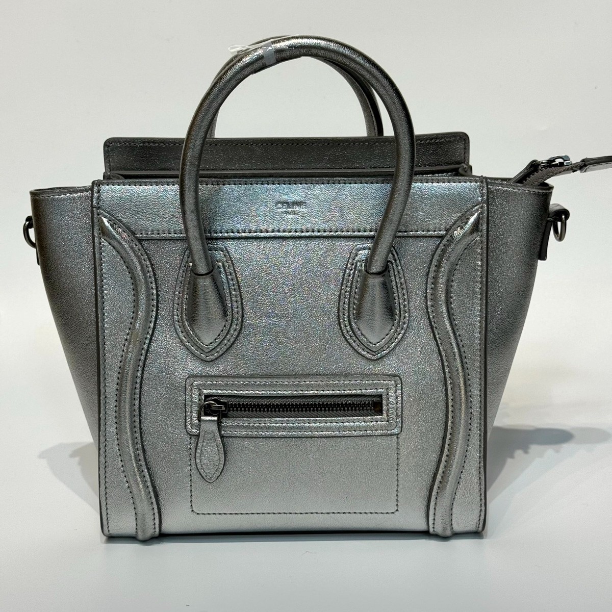 Celine Luggage Nano Silver Calfskin Leather Top Handle Crossbody Bag