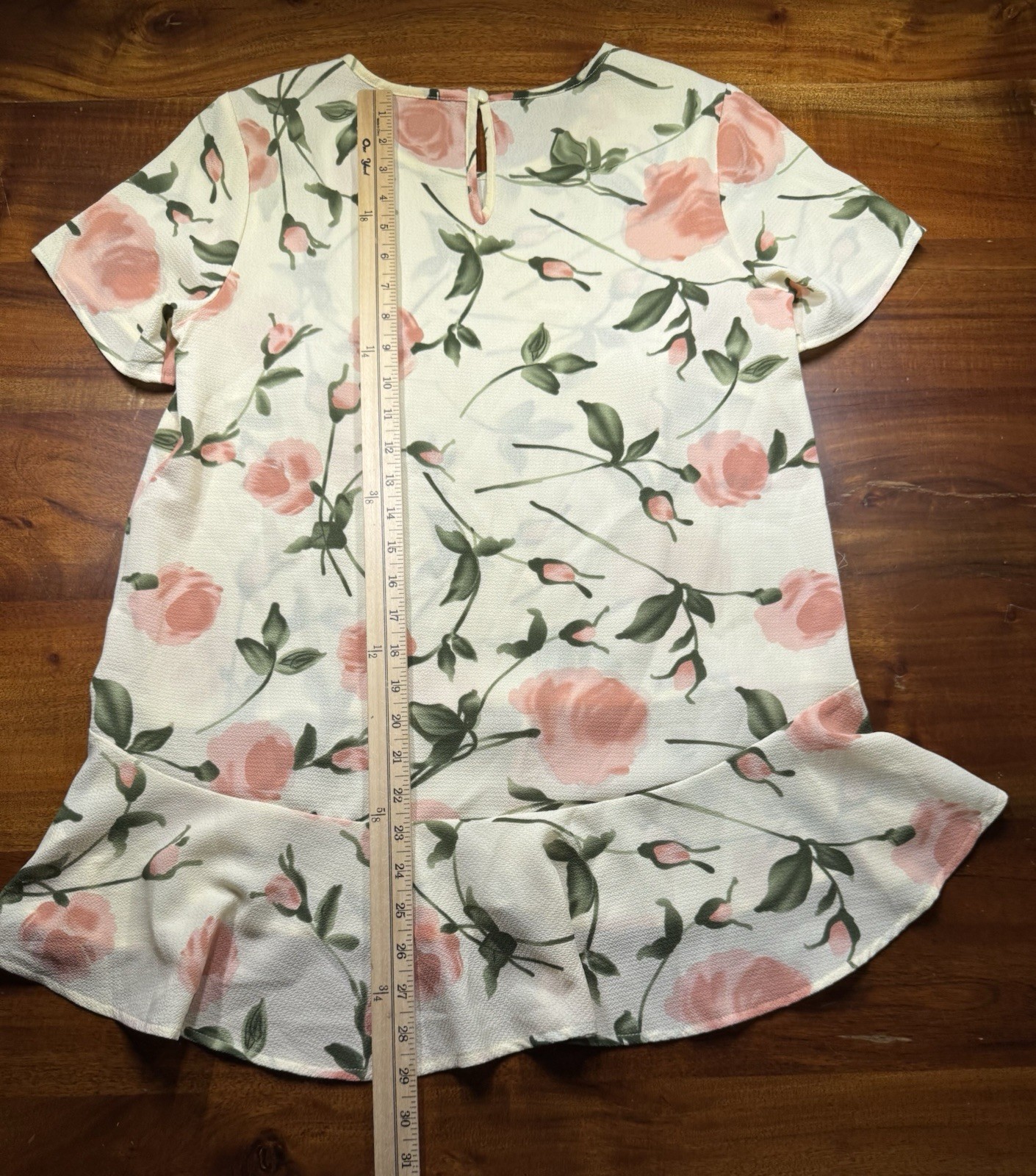 Pleione Floral Peplum Top Blouse Cream Pink Rose Short Sleeve High Low Ruffle S