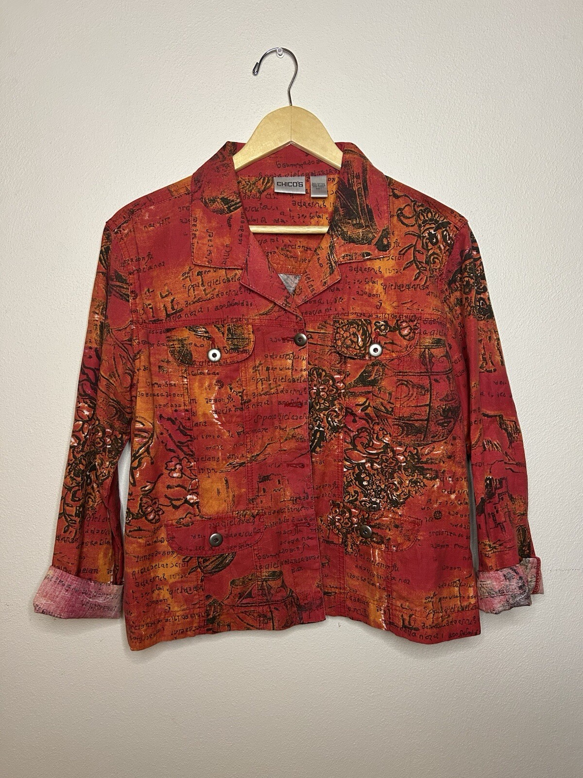 Chico’s Women’s M/Size 1 Retro Indie Red Orange Grunge Button Up Top Shirt
