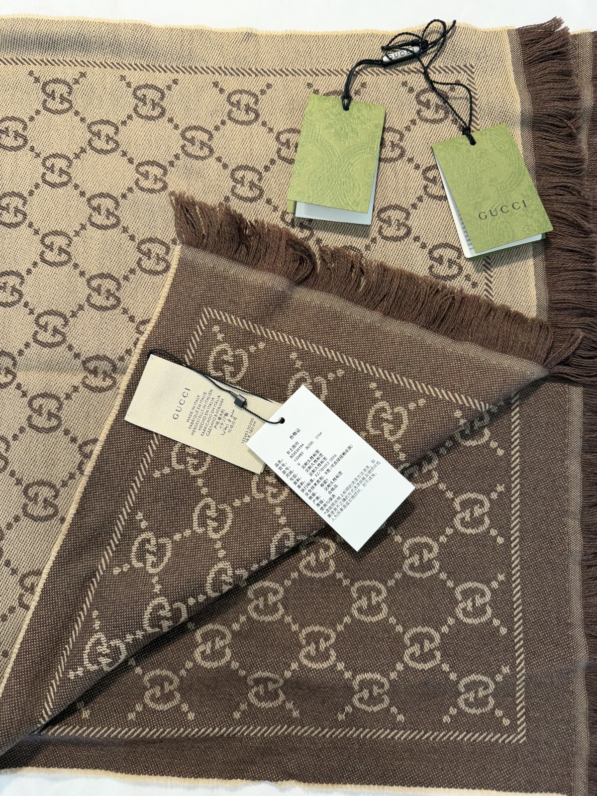Gucci BRAND NEW Wool Scarf Light Brown ORIGINAL TAGS AND BOX – 48cm x 180cm