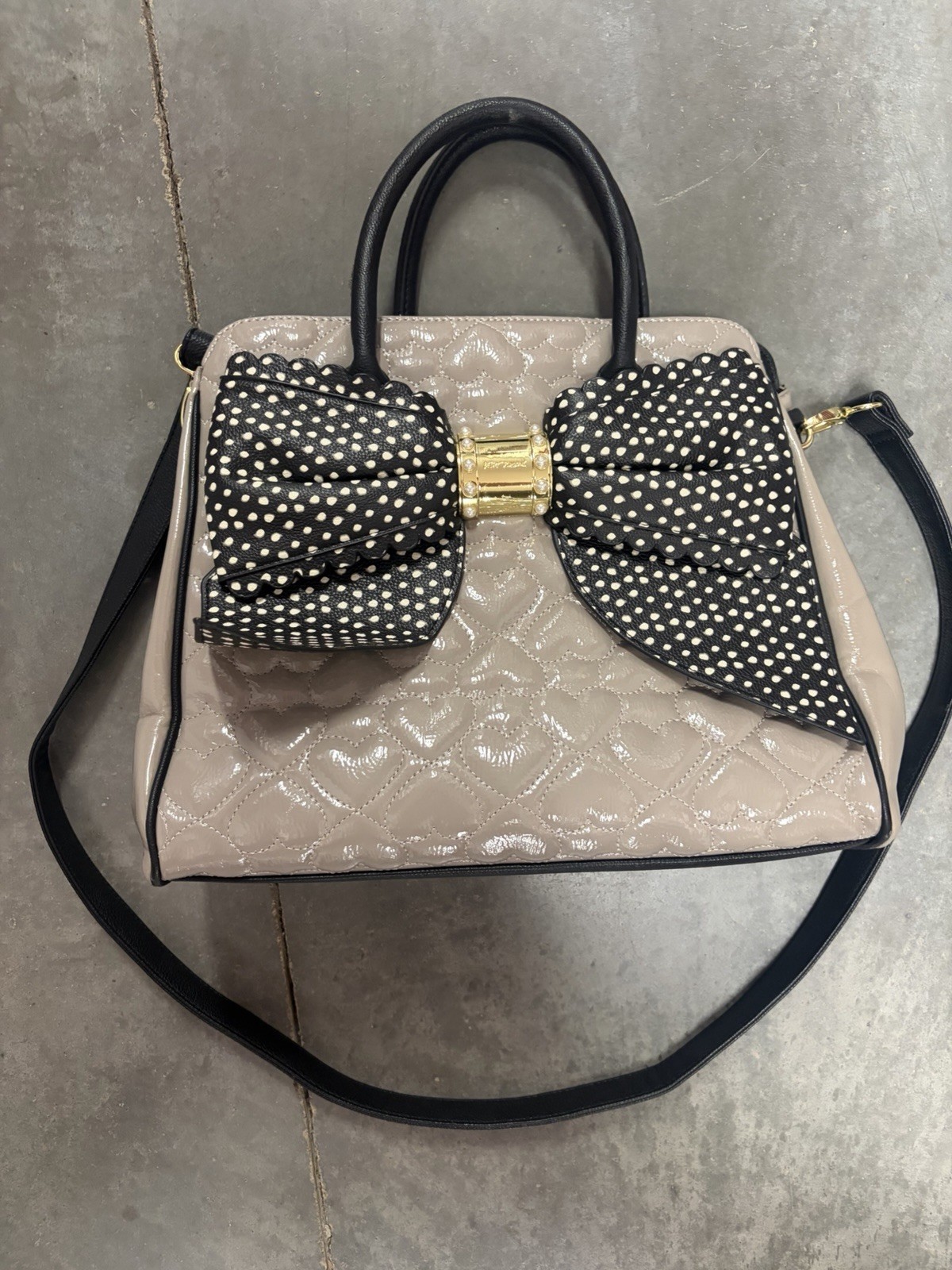 Betsey Johnson Quilted Bow Satchel Top Handle Crossbody Polka Dot Beige