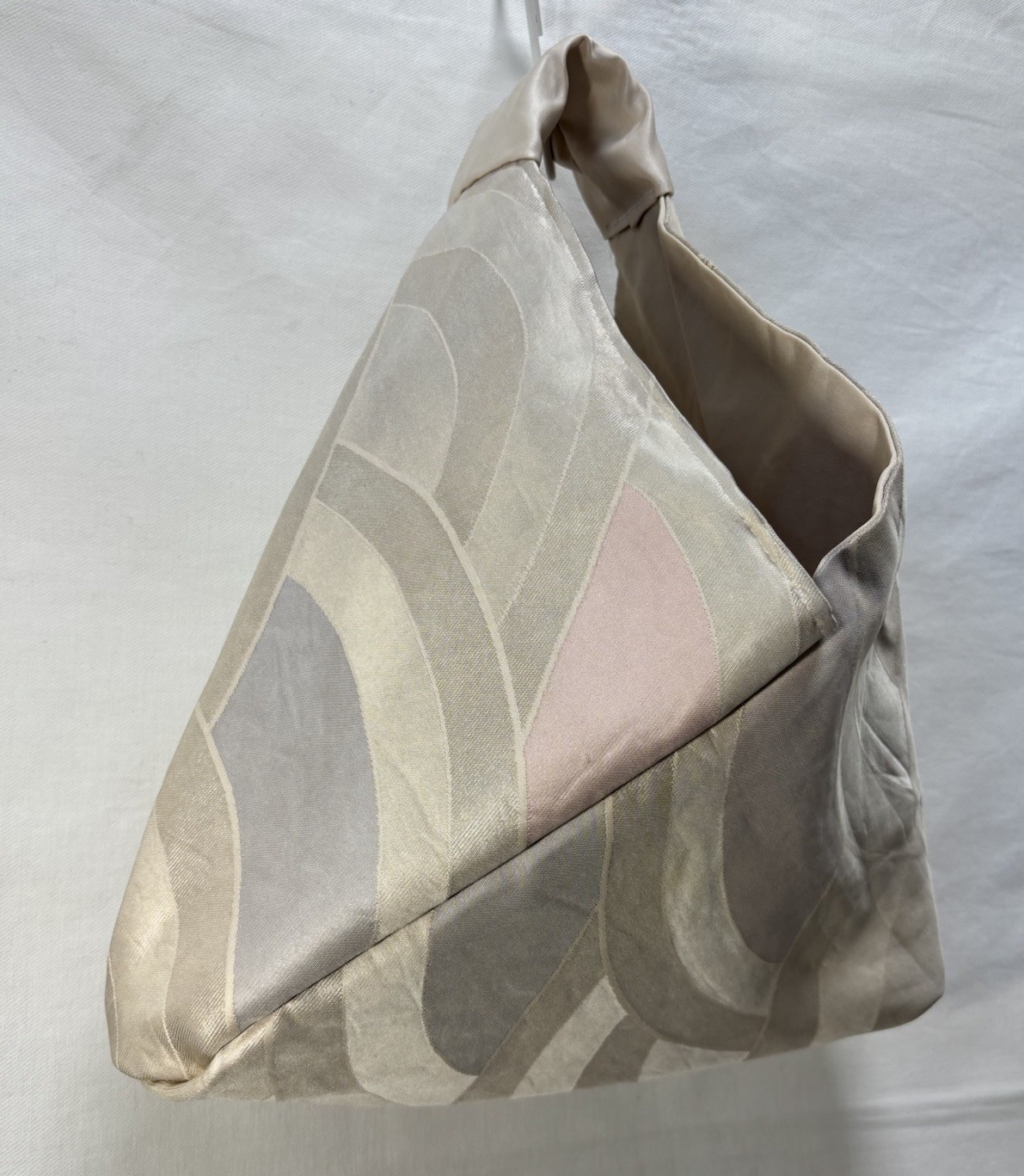 Vintage Japanese Obi Handbag Pearl Beige Geometric Silk Azuma Bukuro Bag