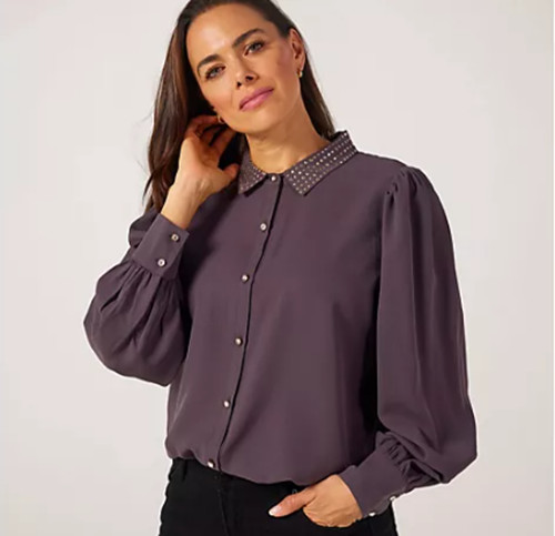 Frank Usher Studded Blouse Crepe Feel Long Sleeve New Size L/XL