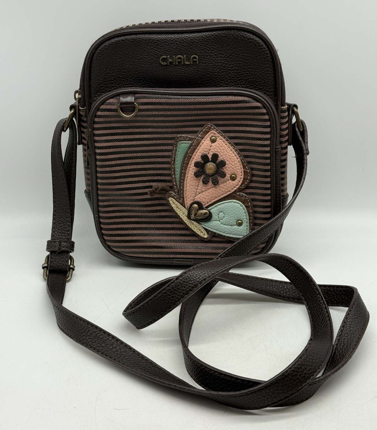 Chala Butterfly Crossbody Purse Handbag Brown Striped Vegan Leather READ