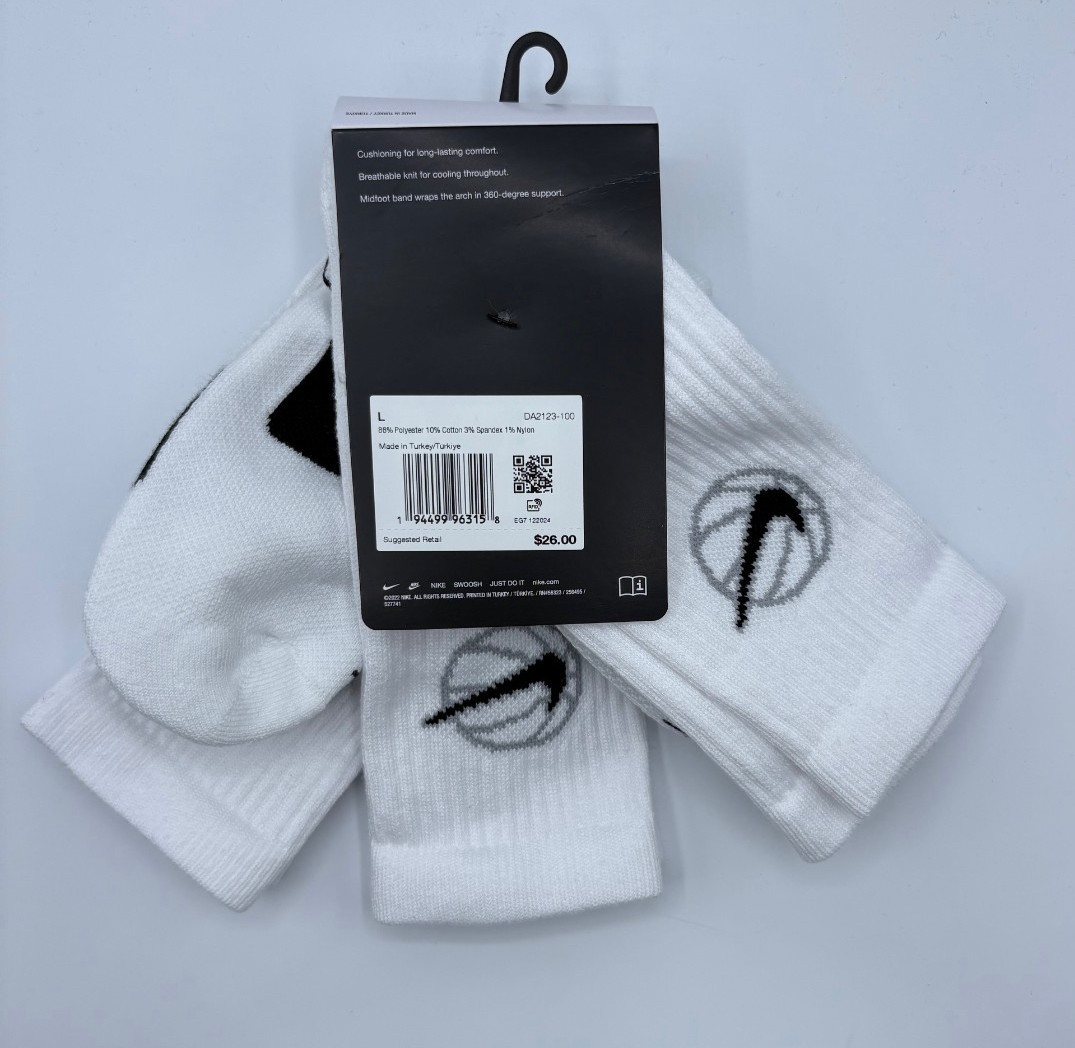 Nike Everyday Basketball White Crew Socks 3 Pair Mens Size 8-12 DA2123-100