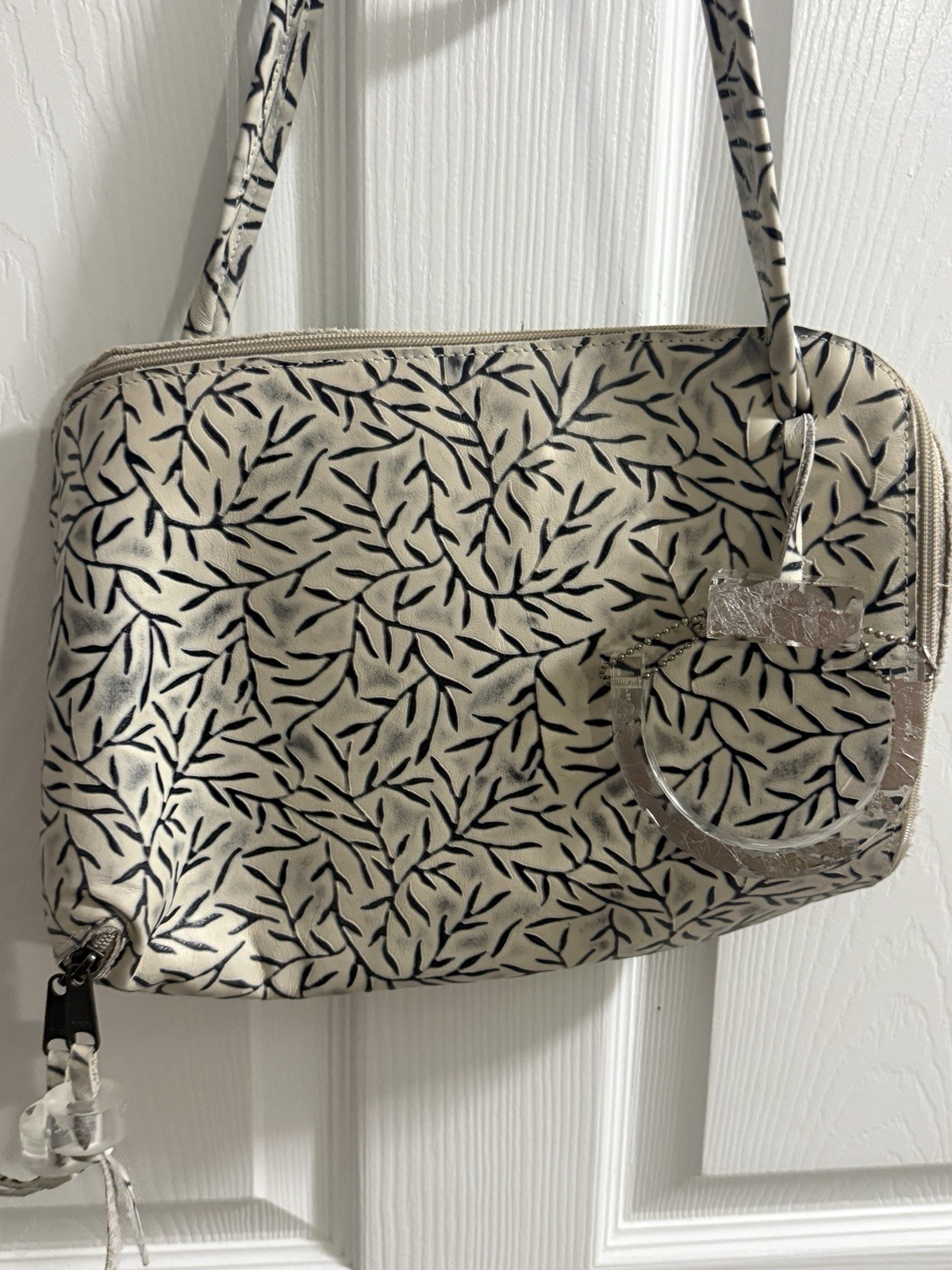 Carol Hearty Handmade Leather Crossbody Bag Cream Black Leaf Print Artisan