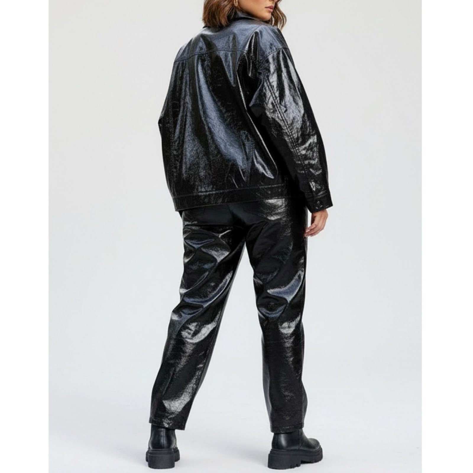 $225 NWT GOOD AMERICAN Faux Crinkle Leather Oversized Puffer Jacket, Black, L/XL