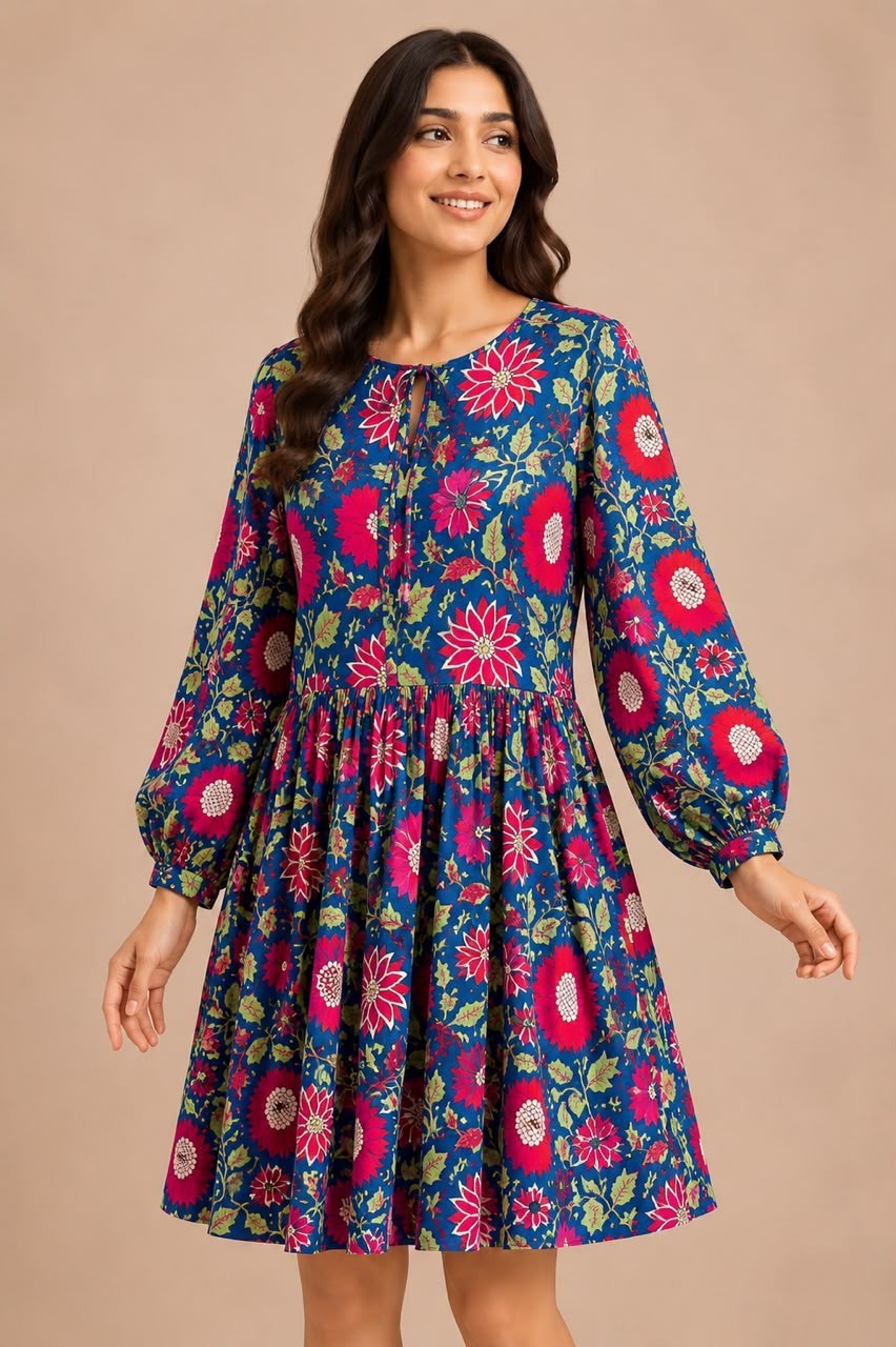 Blue Summer Cotton Maxi Dress, Floral Block Printed Women Cotton Dress, Dresses