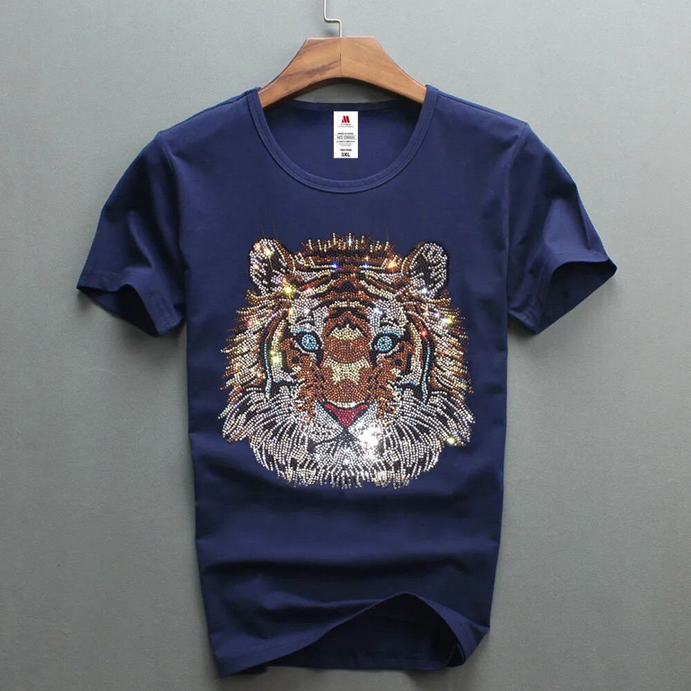 New Fashion Tiger Rhinestones Summer Short Sleeve Luxury Men Designer T-Shirt