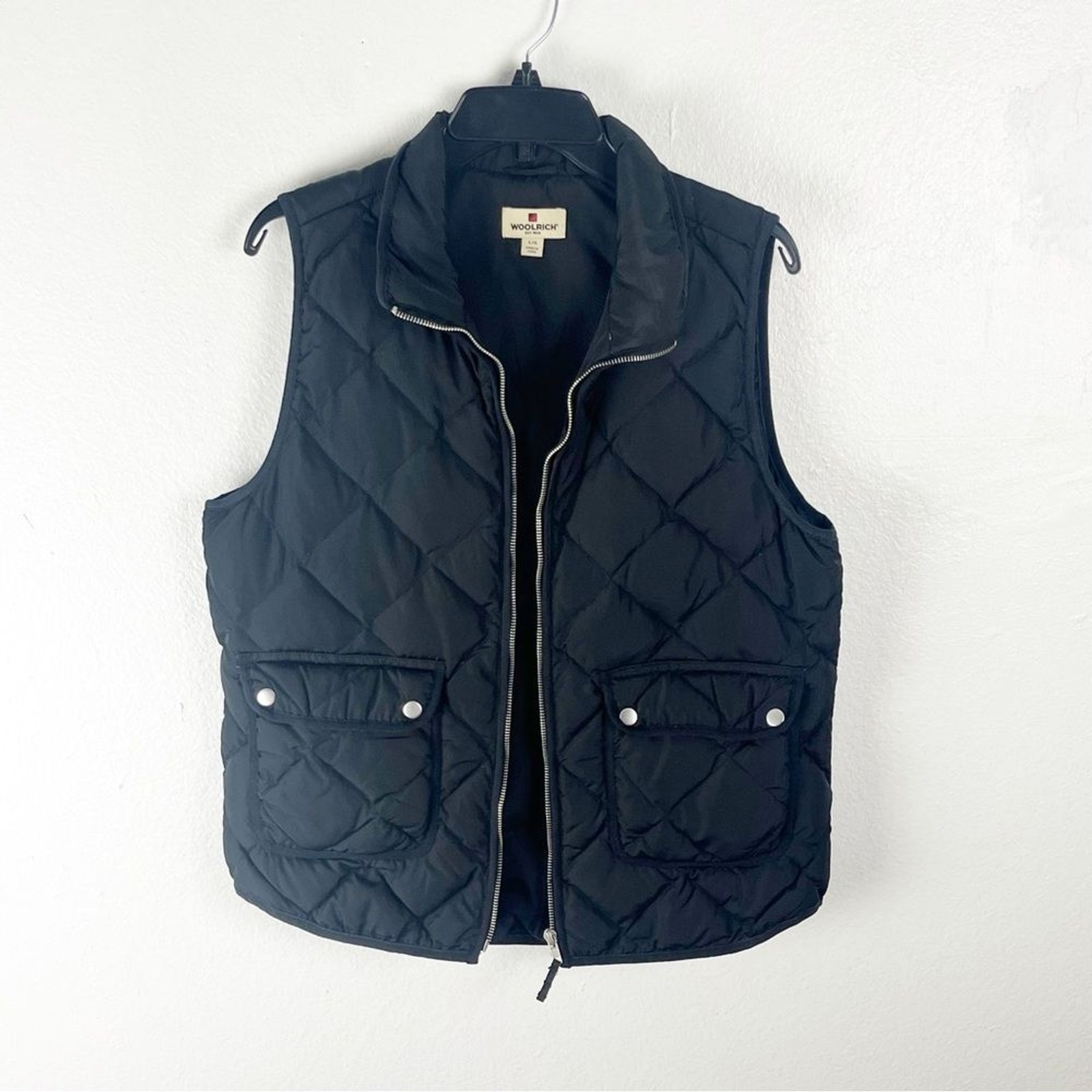 WOOLRICH Black Down Filled Full Zipper Button Closure Pockets Vest, Size Large