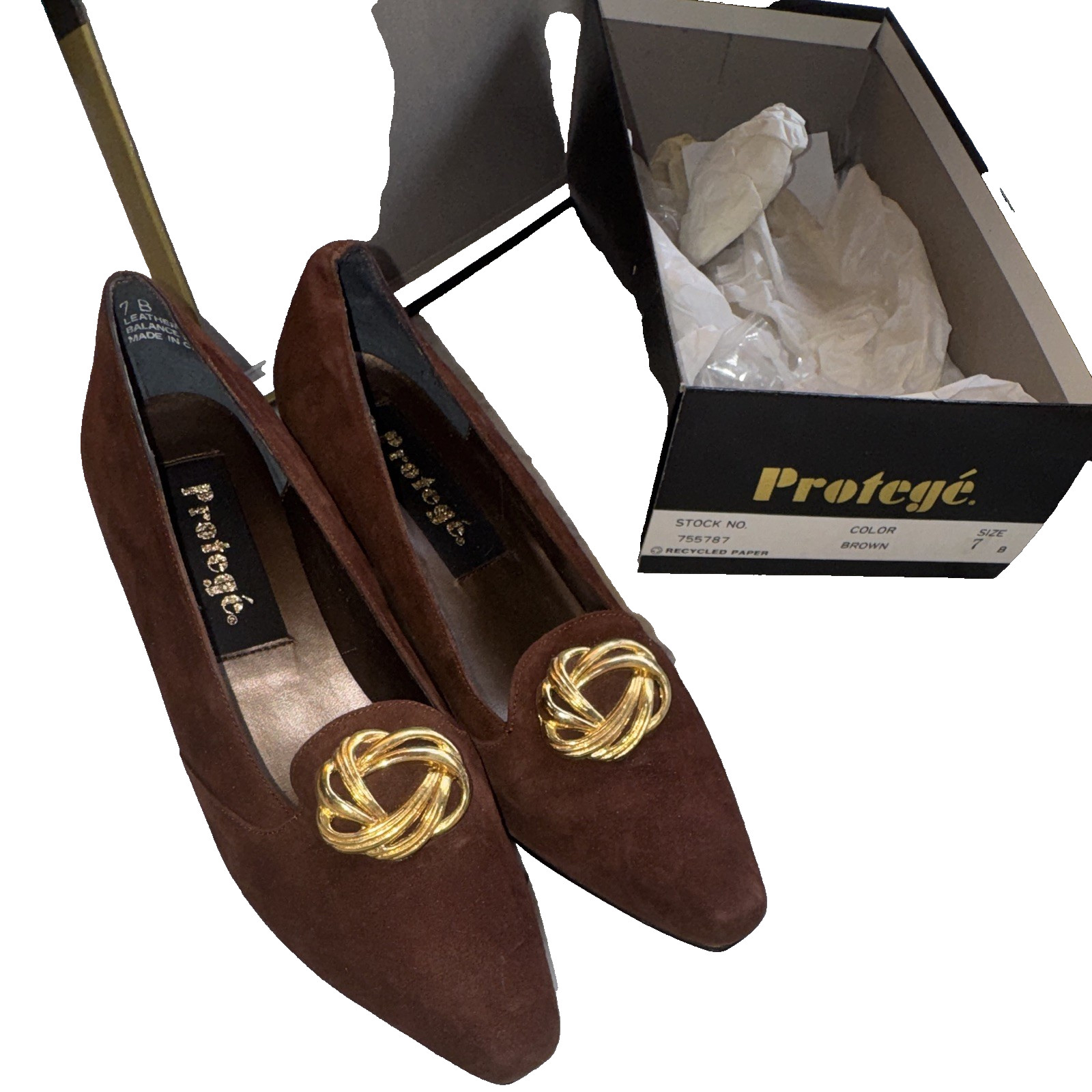 Protege Womens Pumps 7 B Brown Suede Pointed Toe Slip On Gold Tone