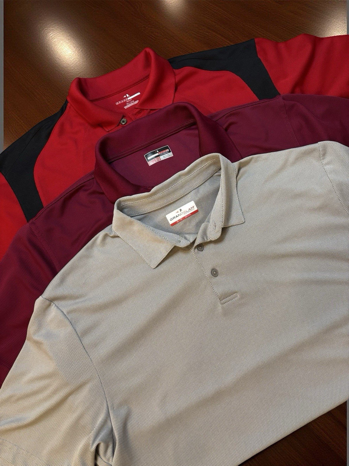 3 Grand Slam Polo Men’s Golf Shirts XL Red With Black, Grey, And Maroon Bundle