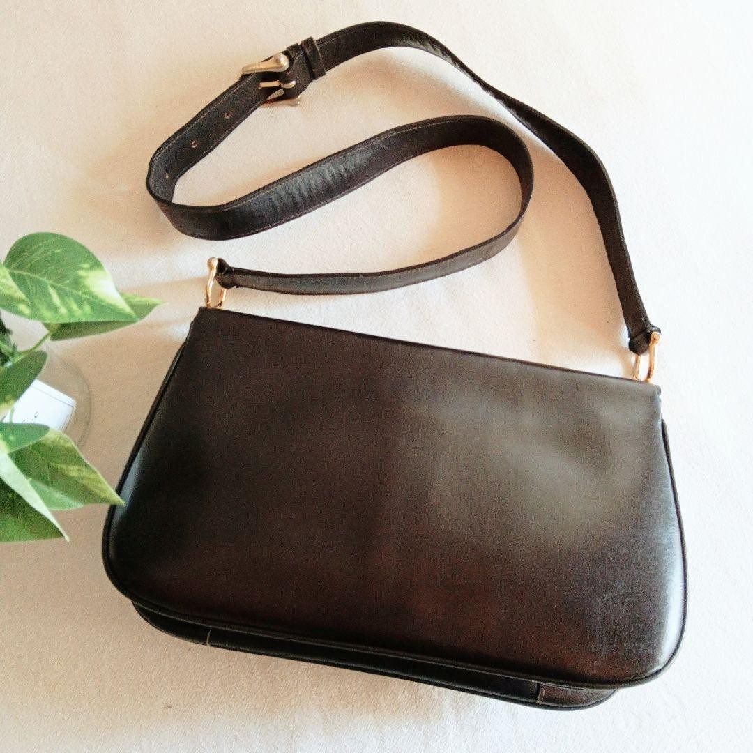 CELINE Leather Shoulder Bag Vintage 27cm/10.63in Dark Brown Gold Hardware