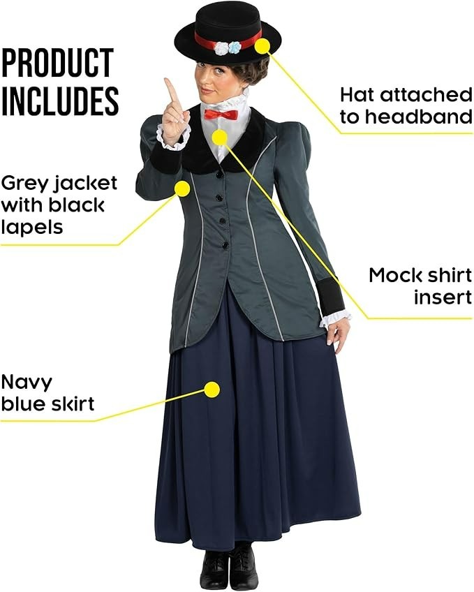 Women`s Mary Poppins Costume Adult Old Timer Magic English Nanny Dress S – 3XL