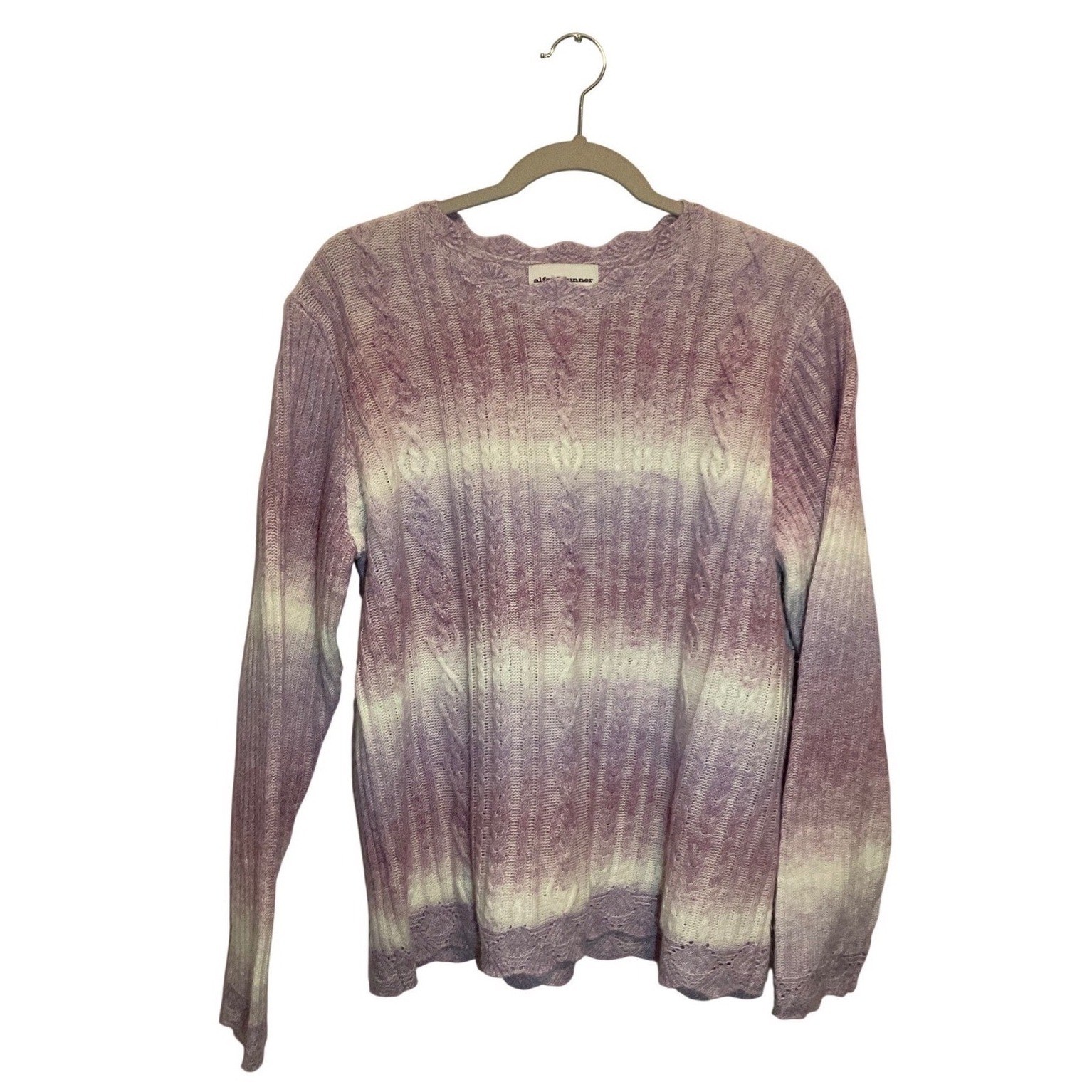 Alfred Dunner Womens Large Purple Ombre Cable Knit Scalloped Crewneck Sweater