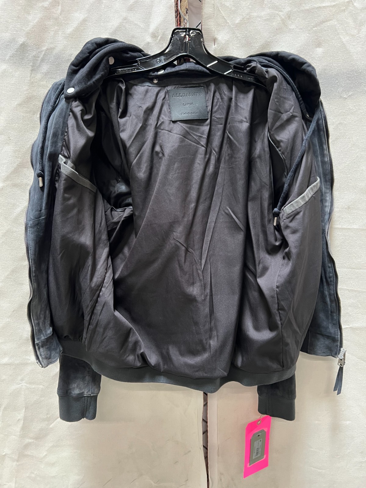 ALLSAINTS Suede Troy Bomber With Detachable Hood, Size Large, NWT $569.00