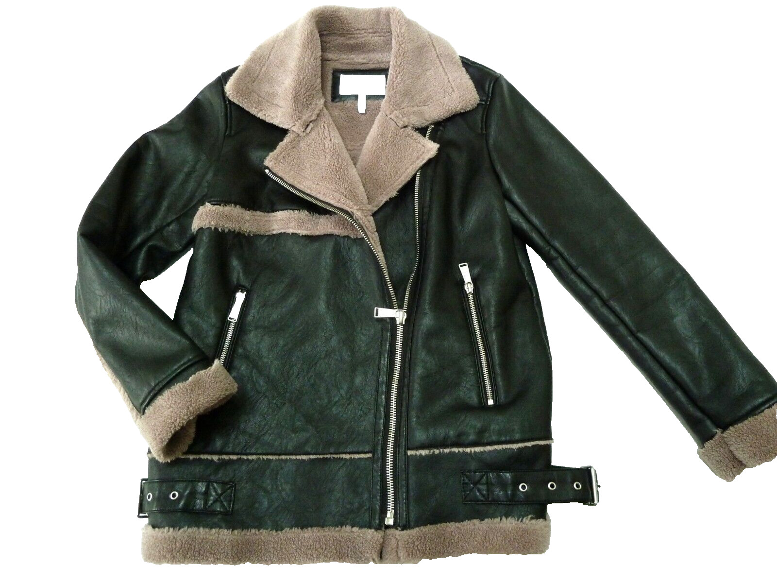 BCBGeneration Vegan Leather Bomber Jacket Small Shearling Fur Zip Black Brown