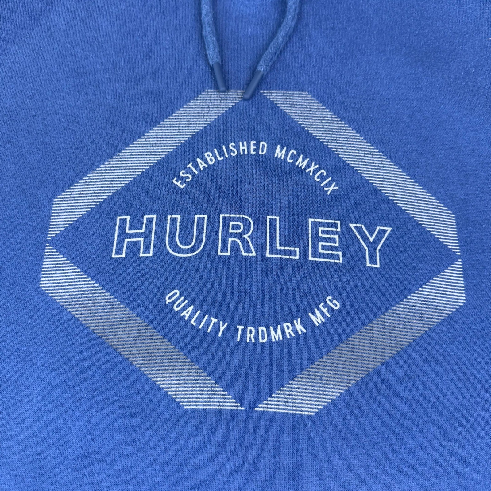 Hurley Y2K Hoodie Blue Pullover Quality Graphic Print Front Drawstring Mens LG
