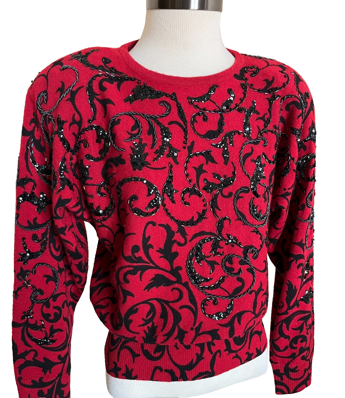 Cache Sweater Top Red Black Sequin Beaded Size Small Angora Wool Holiday Vintage