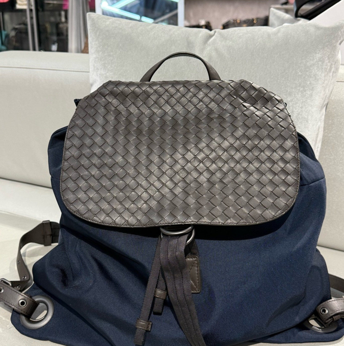 Authentic Bottega Veneta Intrecciato Leather and Nylon Backpack Intrecciato