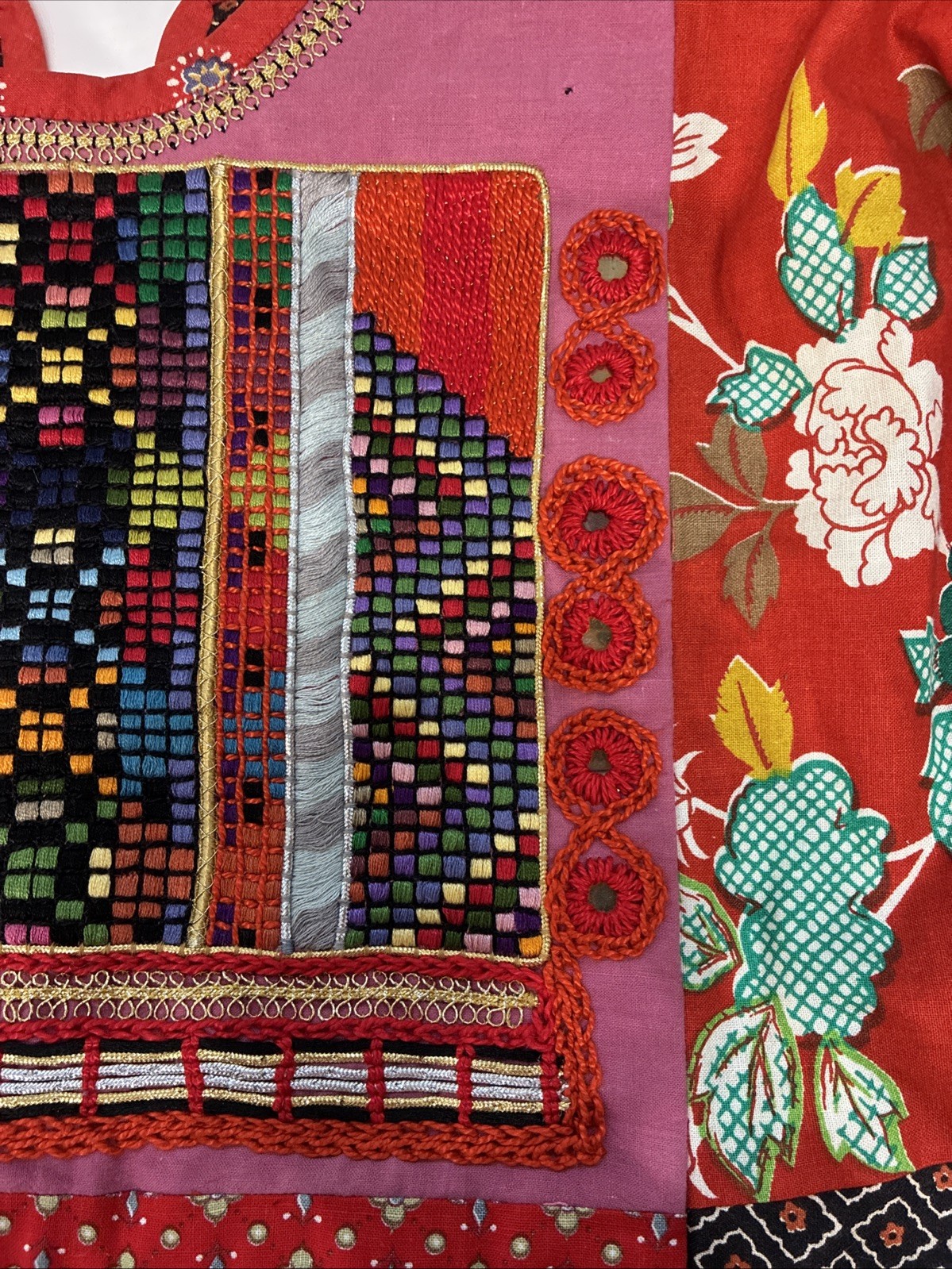 Vintage Afghan Kuchi Style Embroidered Beaded Red Maxi Dress Tribal Boho