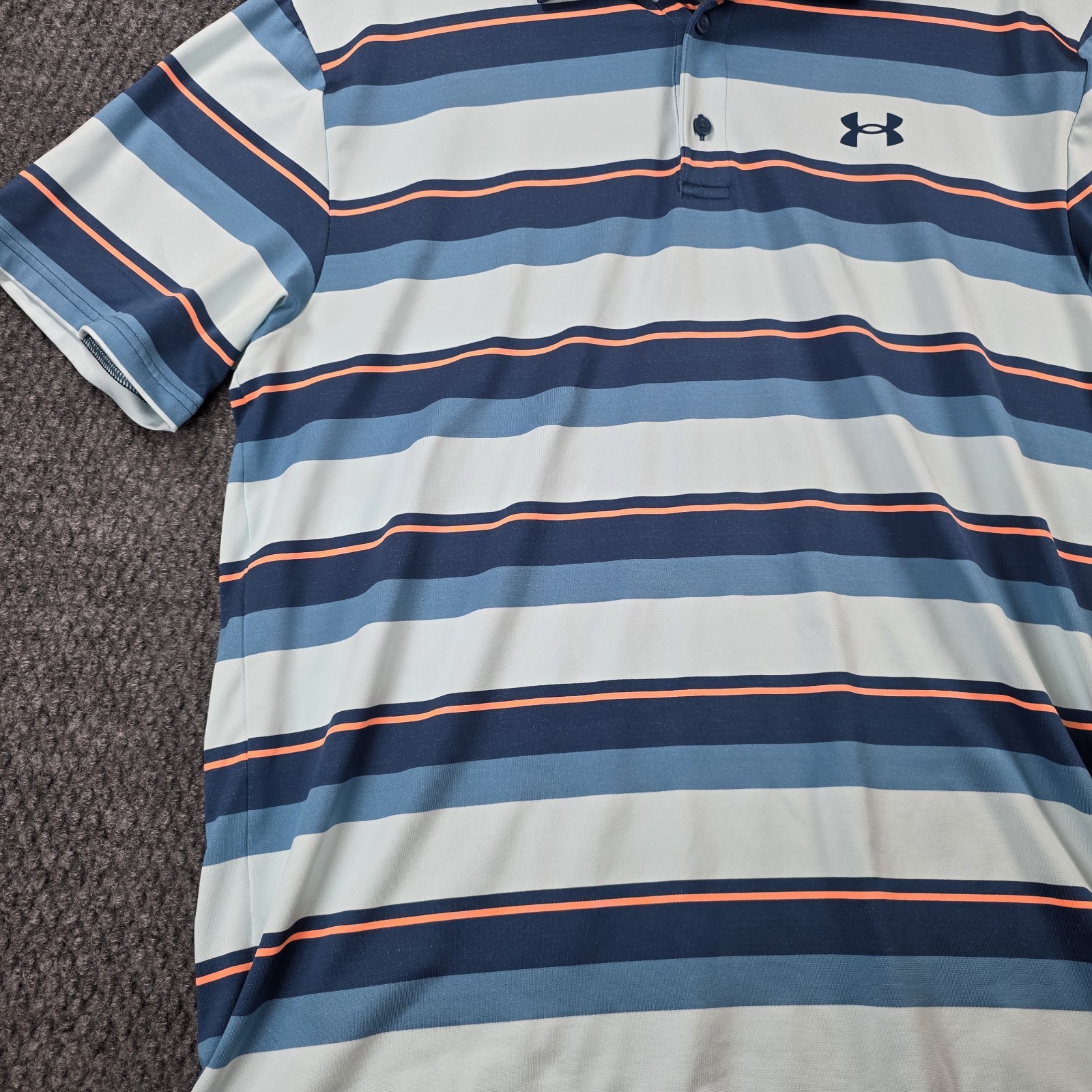 Under Armour Playoff Polo Shirt Mens XL Blue Coral Striped Loose Fit Golf Casual