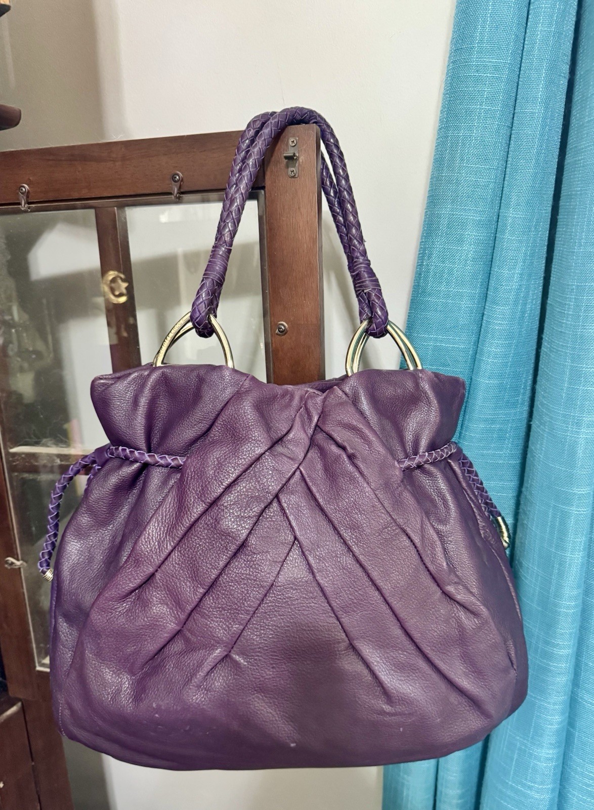 Elliot Lucca Logo Purple Leather Large Shoulder Bag Silver Hardware