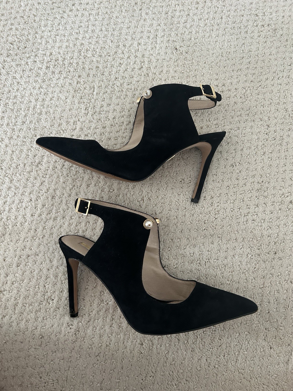 Louise et Cie Black Suede Leather Pointed-Toe Slingback Heels with Pearl, 8.5/39
