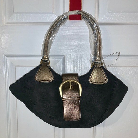 Black Faux Suede/Metallic Half Moon Purse-NIP