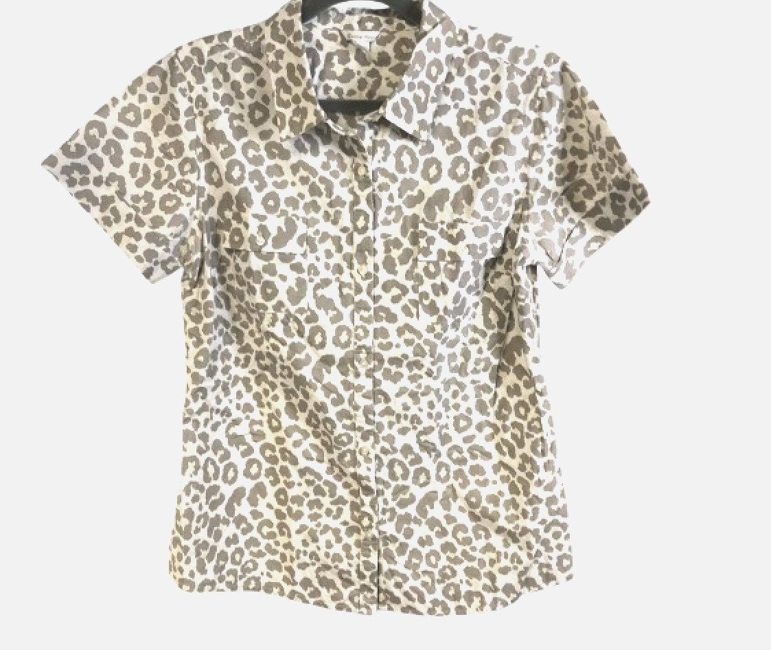 Garnet Hill Leopard Animal Print 100% cotton Top pockets Sz 00 XS White Gray NWT