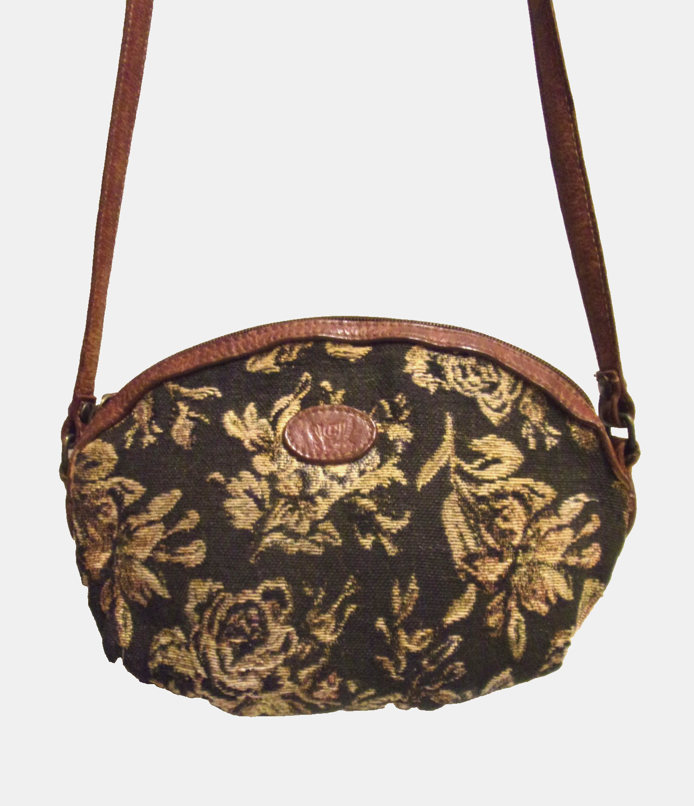 Vtg Liz Claiborne Black & Lt Tan Floral Tapestry Fabric Leather Trim CB / Sh Bag