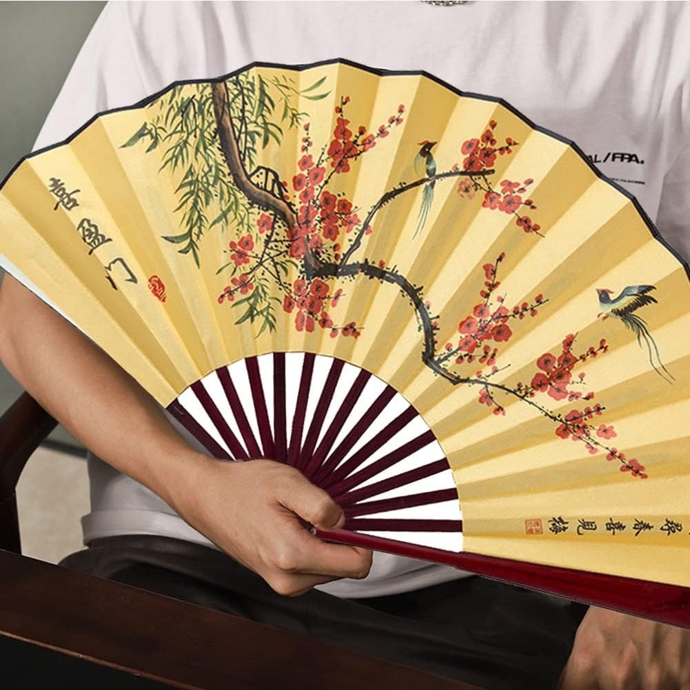 Folding Hand Fan,13 inch Bamboo Fabric Large Hand Fans with Chinese Tradition…