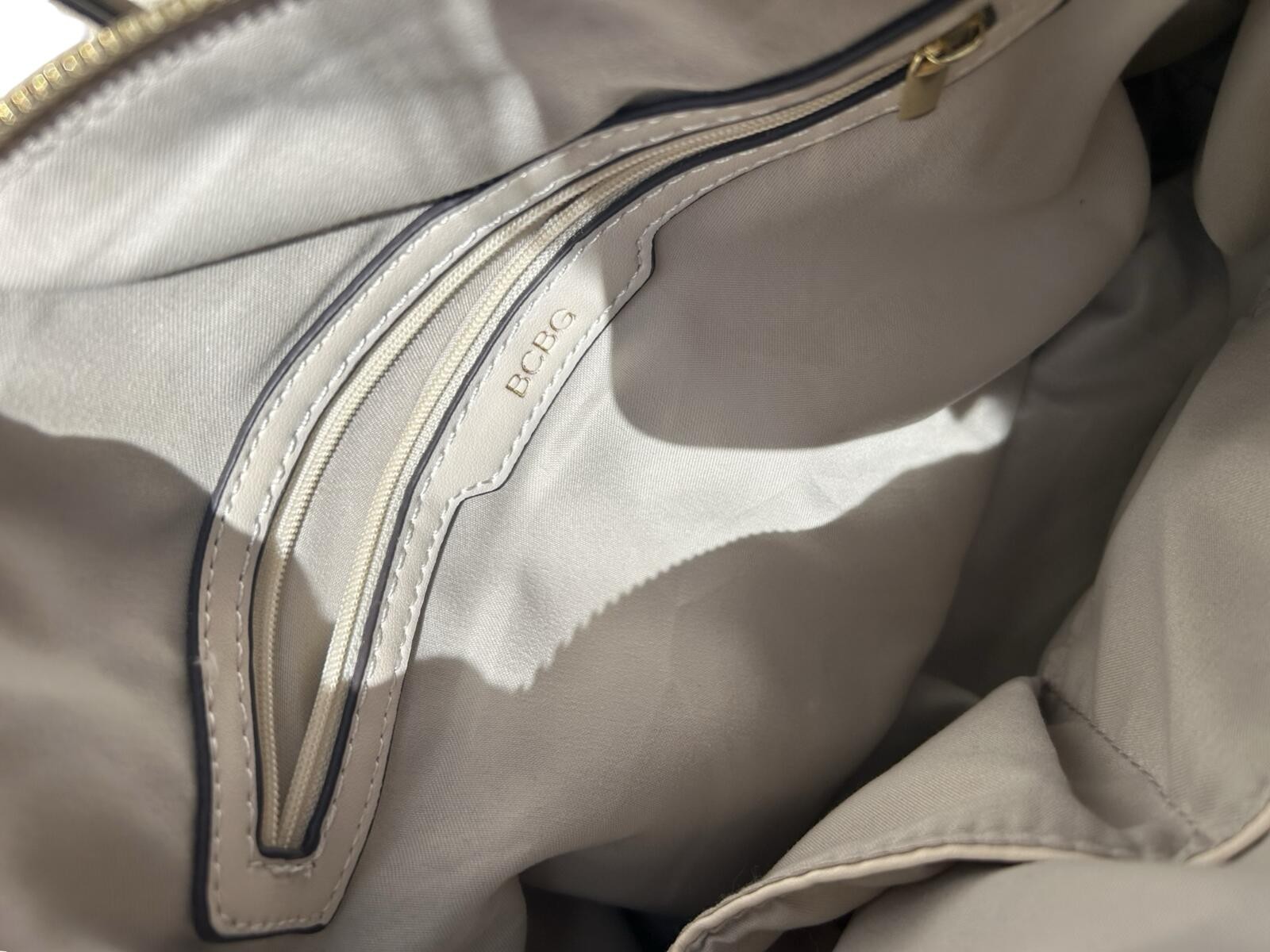BCBG Cream Ivory Satchel Handbag Faux Leather Tote Purse Gold Hardware