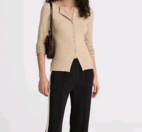 Madewell Textural Cutaway Crewneck Cardigan Camel Tan Stretch XS NWT