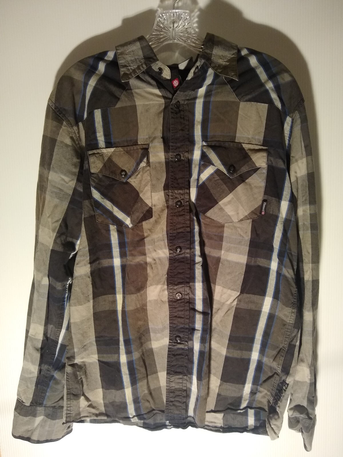 Men’s Element Skater Plaid Button Up Shirt Black Grey Blue 100% Cotton